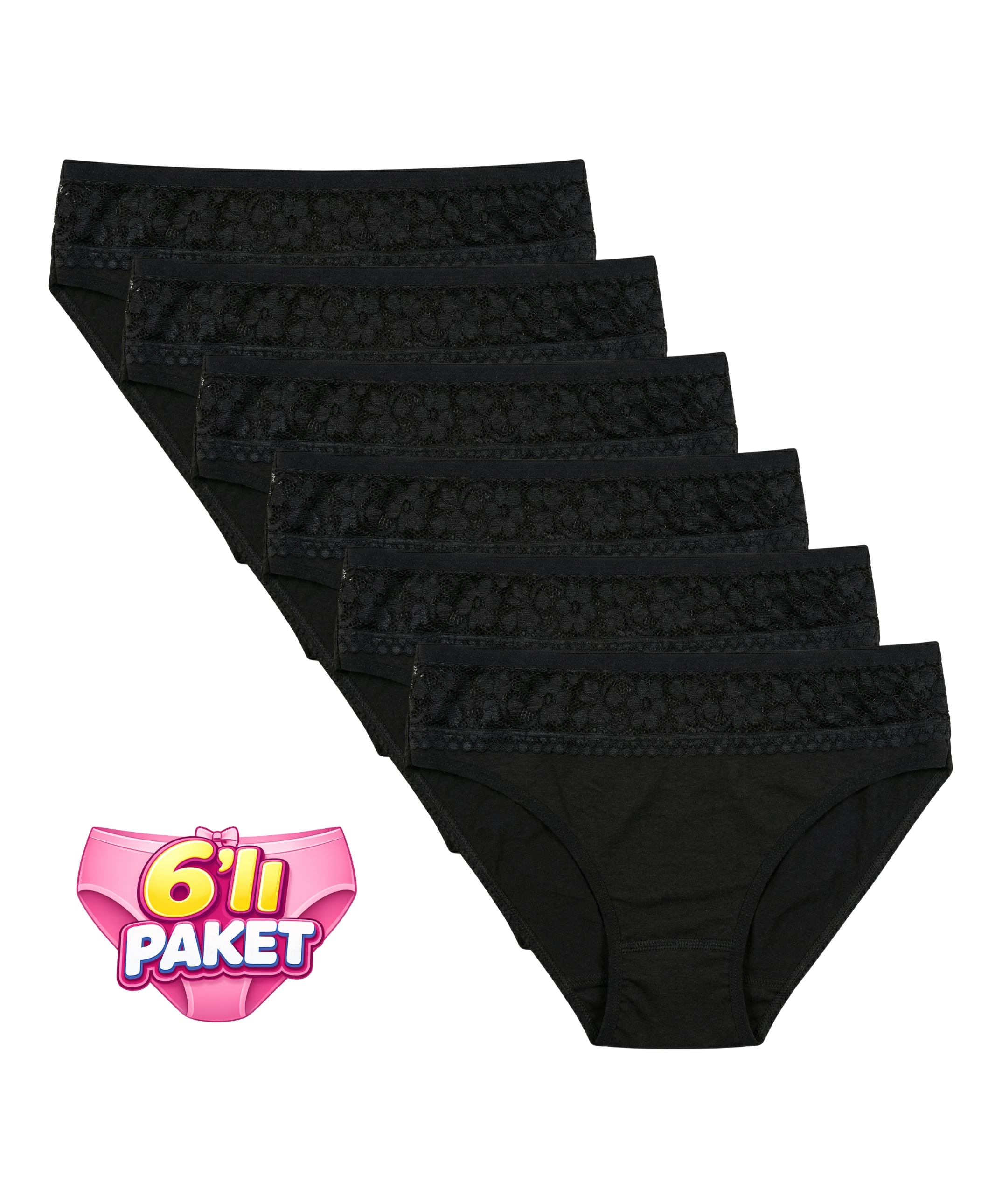 6'lı Paket Üst Dantelli Bikini Külot - SİYAH