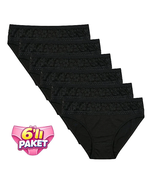 6'lı Paket Üst Dantelli Bikini Külot - SİYAH - 1