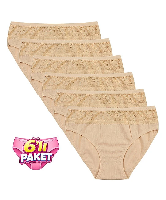 6'lı Paket Üst Dantelli Bikini Külot - Ten