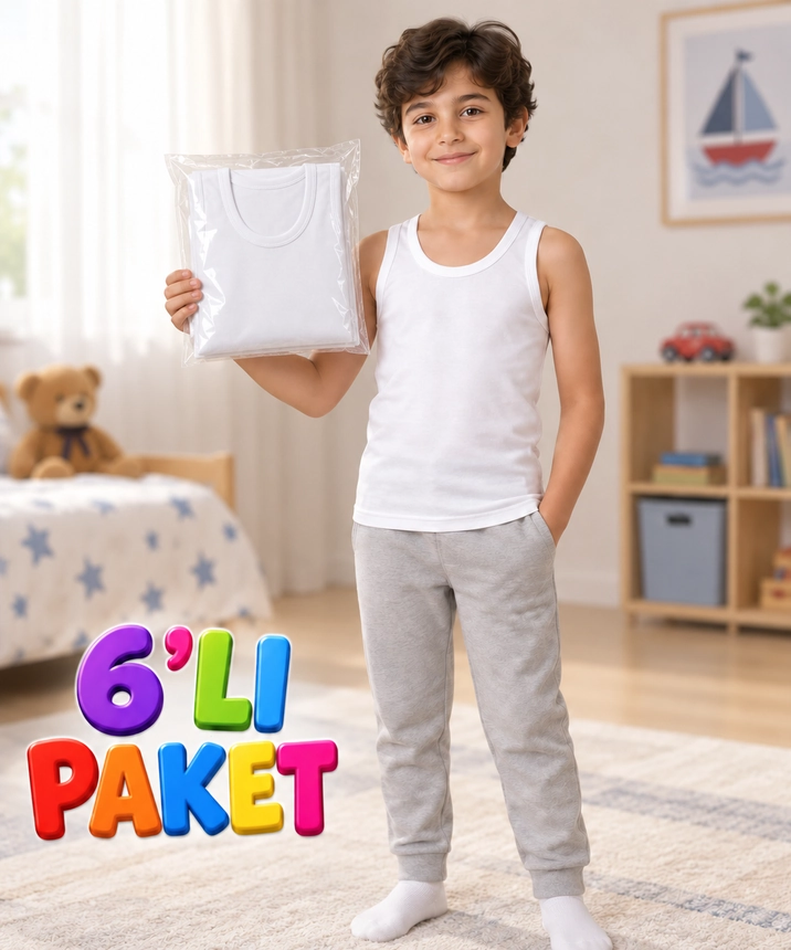 6'lı Paket %100 Pamuk Erkek Çocuk Penye Atlet - BEYAZ