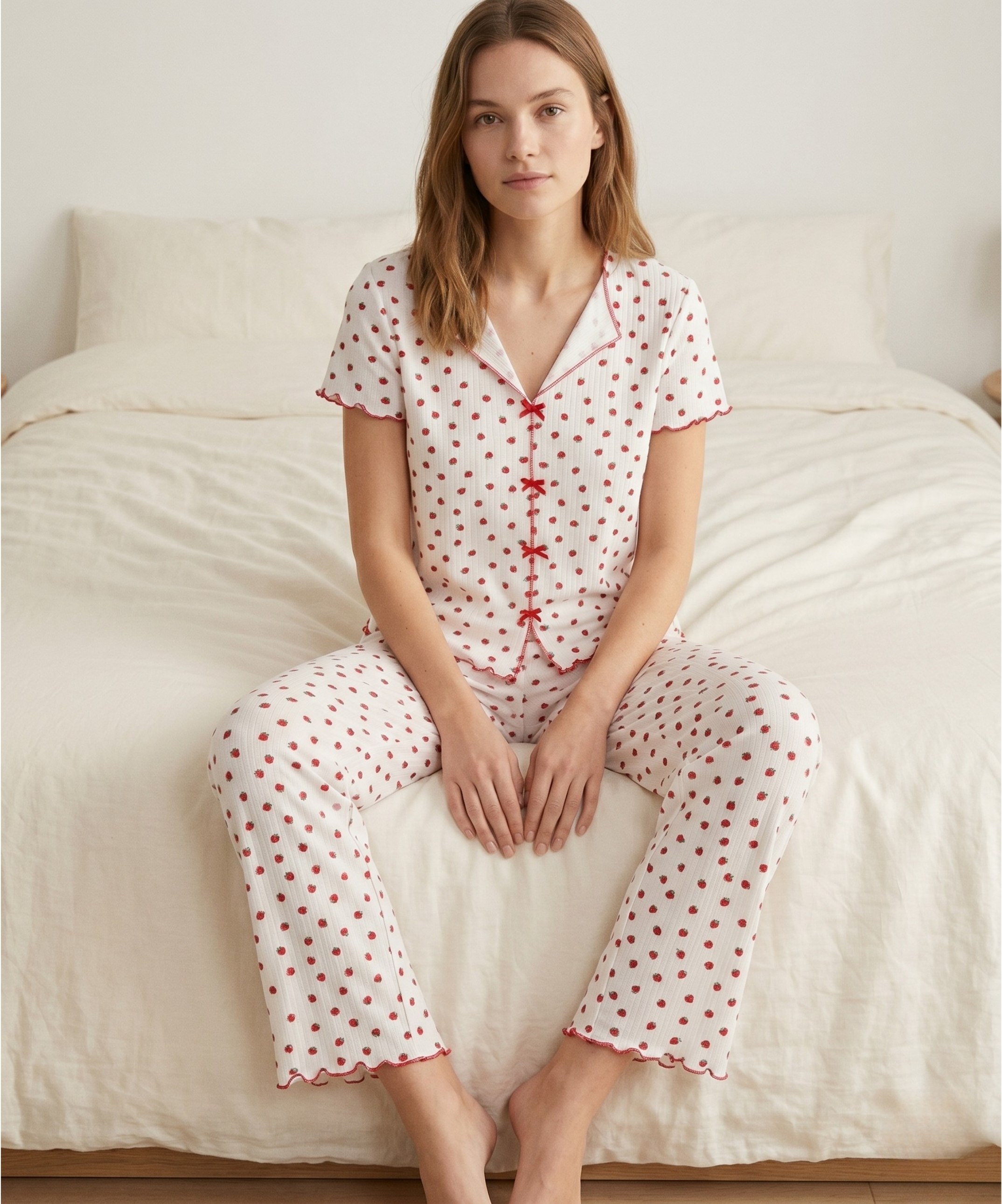 Alaçatı Kısa Kol Desenli Pijama Takımı - ÇİLEKLİ