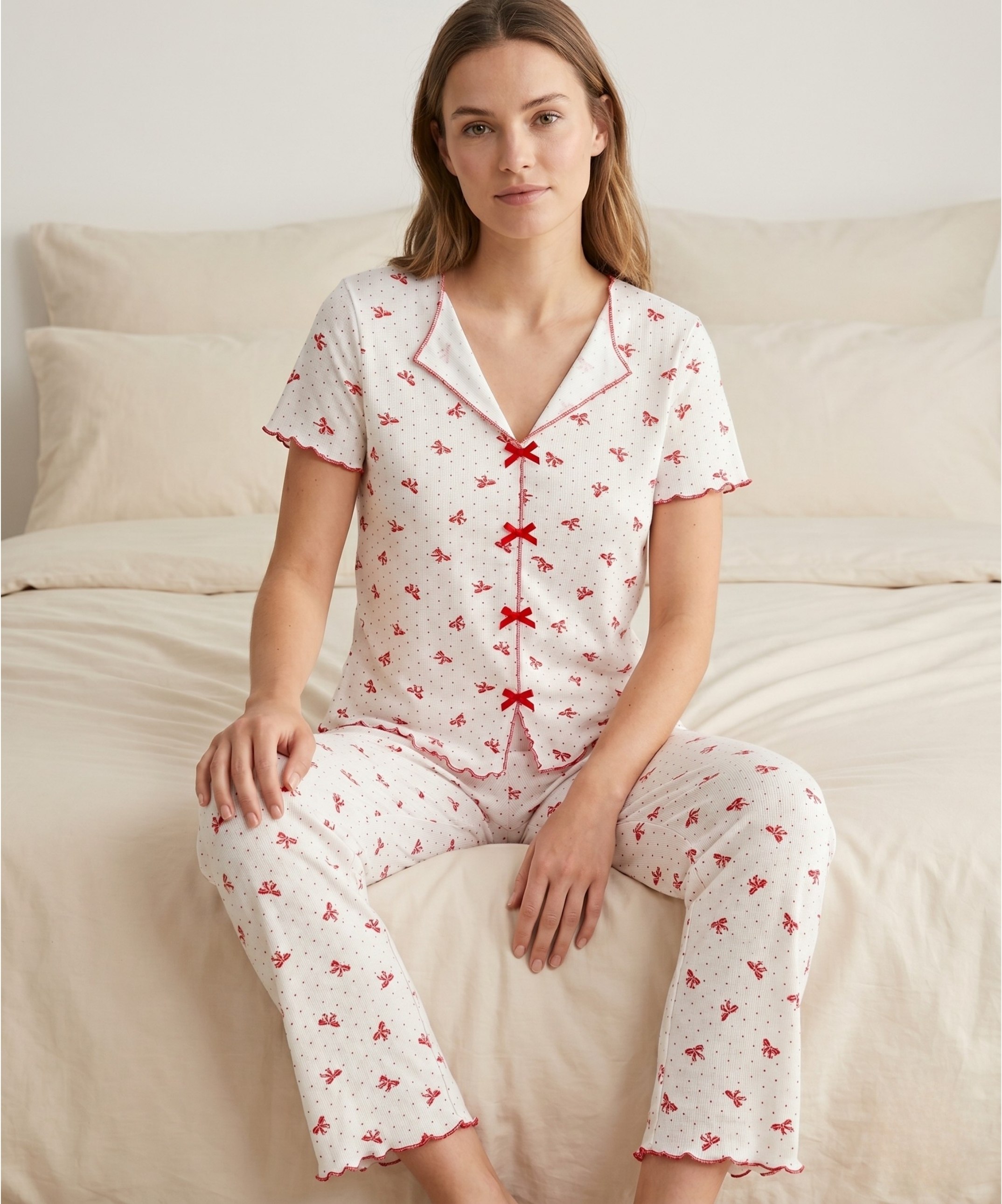 Alaçatı Kısa Kol Desenli Pijama Takımı - KIRMIZI-KURDELE