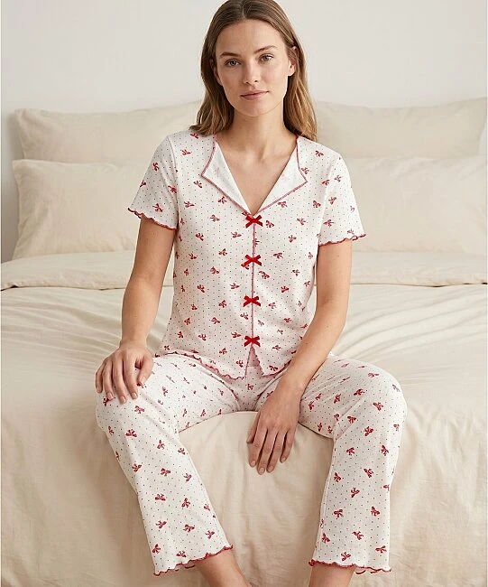 Alaçatı Kısa Kol Desenli Pijama Takımı - KIRMIZI-KURDELE