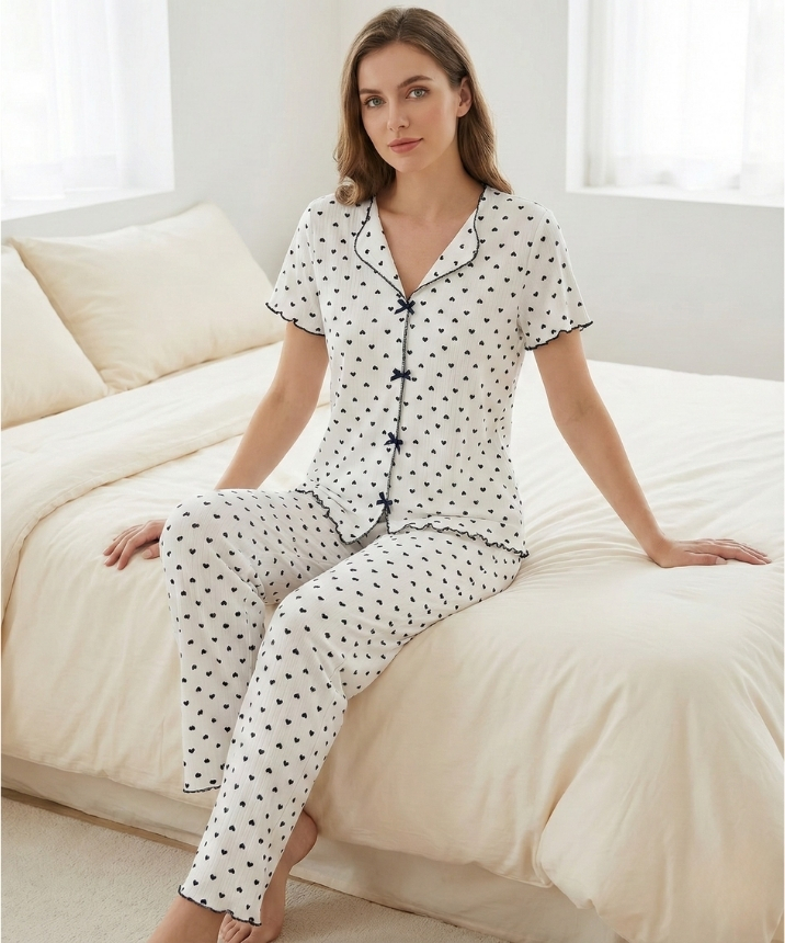Alaçatı Kısa Kol Desenli Pijama Takımı - LACİVERT KALP (1)