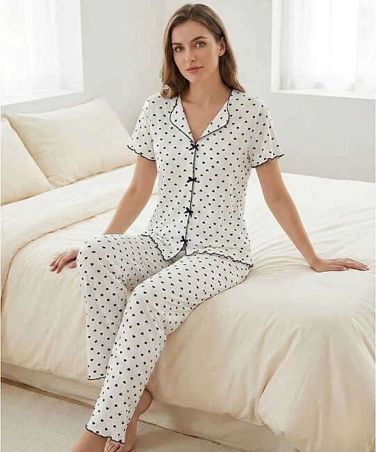 Alaçatı Kısa Kol Desenli Pijama Takımı - LACİVERT KALP (1)