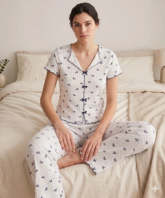 Alaçatı Kısa Kol Desenli Pijama Takımı - LACİVERT-KURDELE