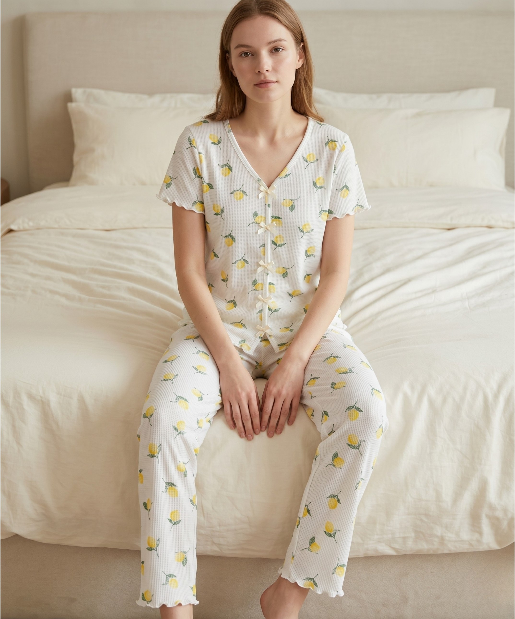 Alaçatı Kısa Kol Desenli Pijama Takımı - LİMONLU