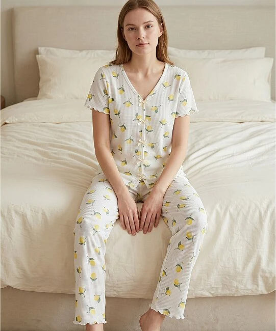 Alaçatı Kısa Kol Desenli Pijama Takımı - LİMONLU