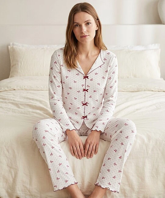 Alaçatı Uzun Kol Desenli Pijama Takımı - BORDO-KURDELE 