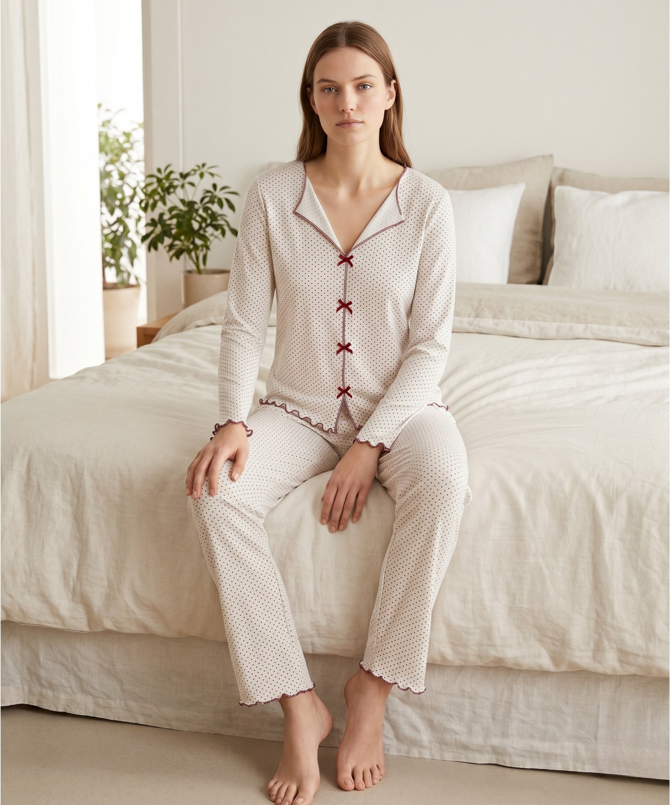 Alaçatı Uzun Kol Desenli Pijama Takımı - BORDO-NOKTALI