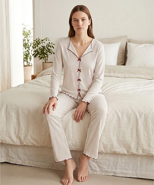 Alaçatı Uzun Kol Desenli Pijama Takımı - BORDO-NOKTALI