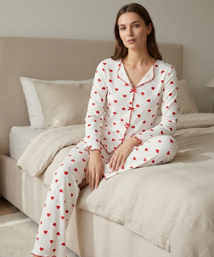Alaçatı Uzun Kol Desenli Pijama Takımı - KIRMIZI KALP