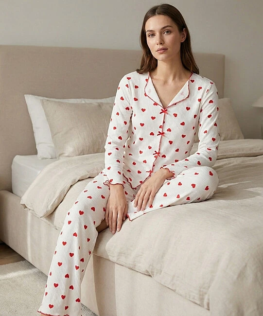 Alaçatı Uzun Kol Desenli Pijama Takımı - KIRMIZI KALP