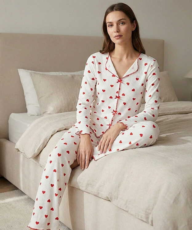 Alaçatı Uzun Kol Desenli Pijama Takımı - KIRMIZI KALP - 1