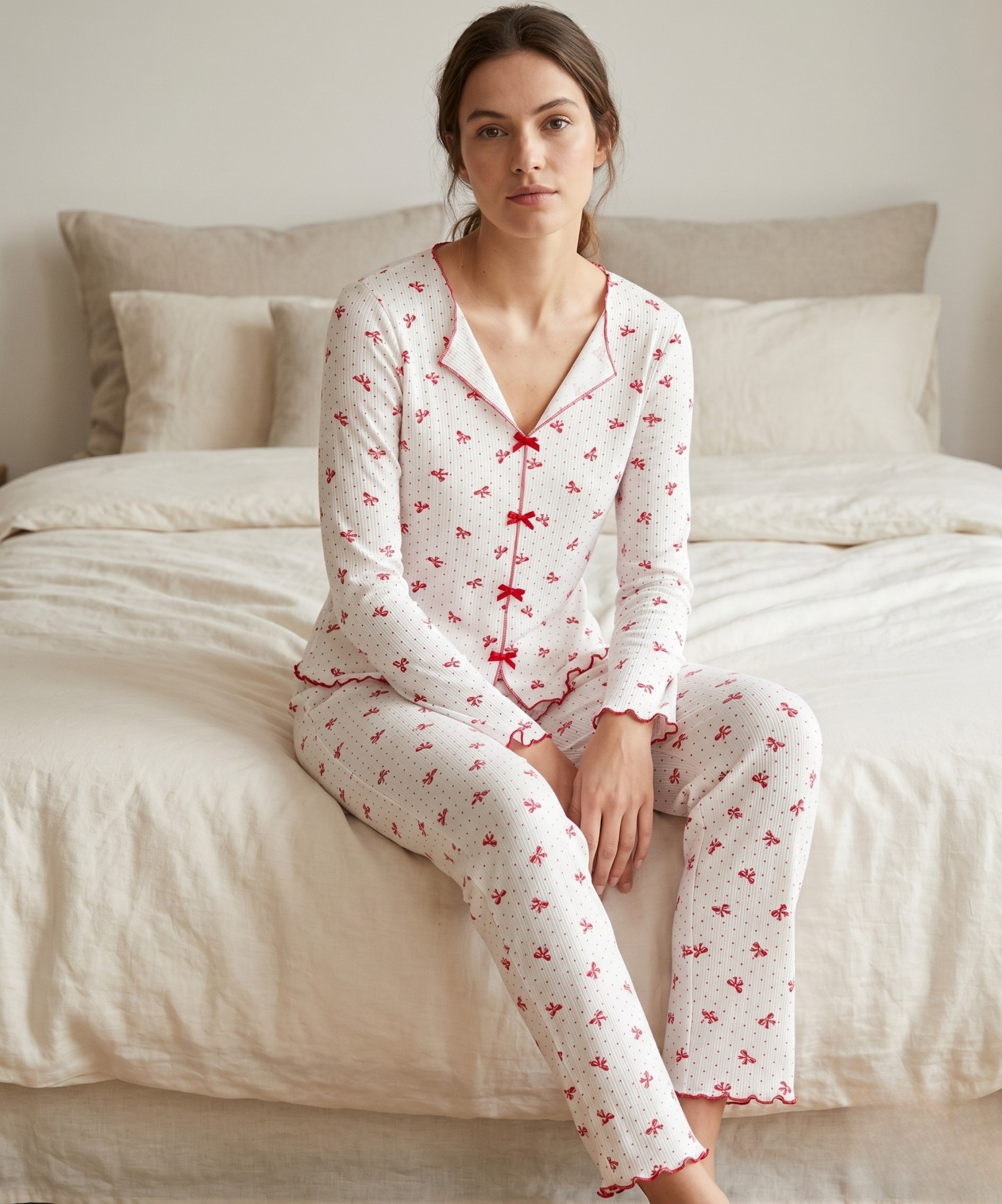 Alaçatı Uzun Kol Desenli Pijama Takımı - KIRMIZI-KURDELE