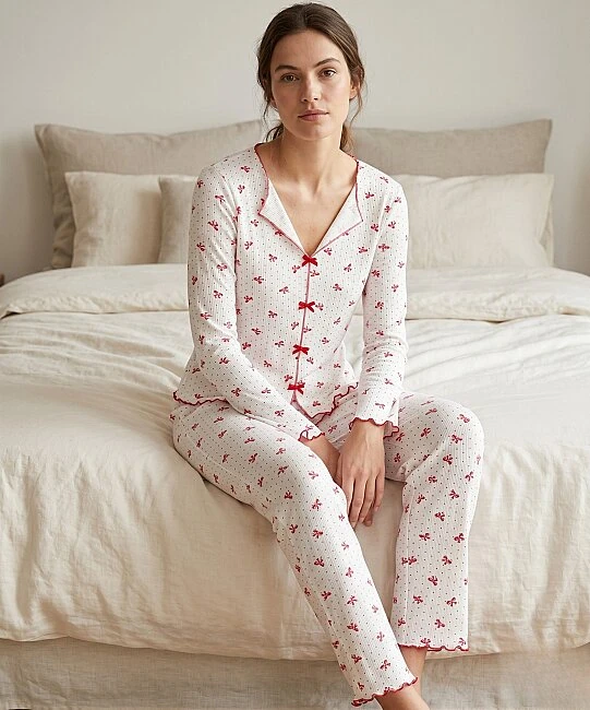 Alaçatı Uzun Kol Desenli Pijama Takımı - KIRMIZI-KURDELE 