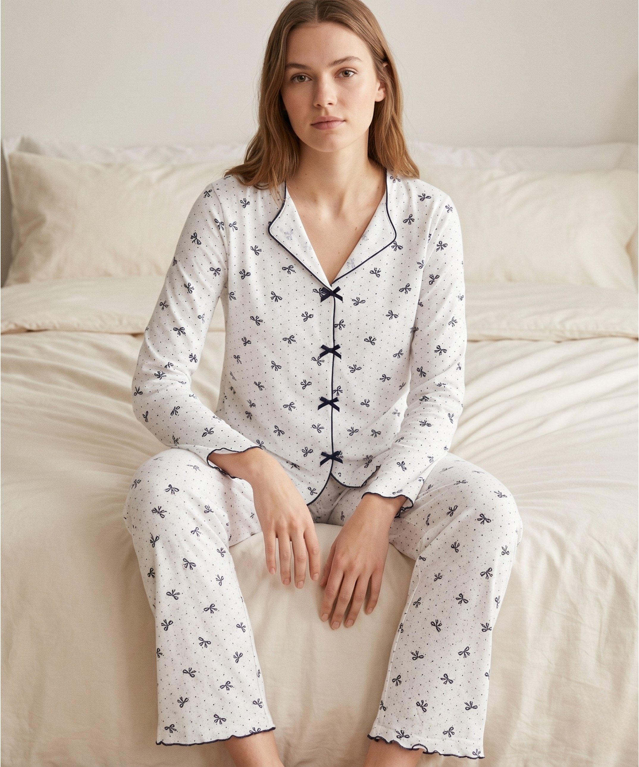 Alaçatı Uzun Kol Desenli Pijama Takımı - LACİVERT-KURDELE