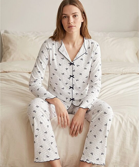 Alaçatı Uzun Kol Desenli Pijama Takımı - LACİVERT-KURDELE