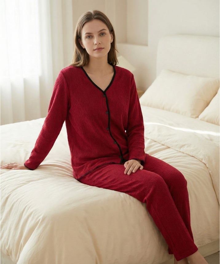 Bürümcük Kumaş Kadın Pijama Takımı - BORDO
