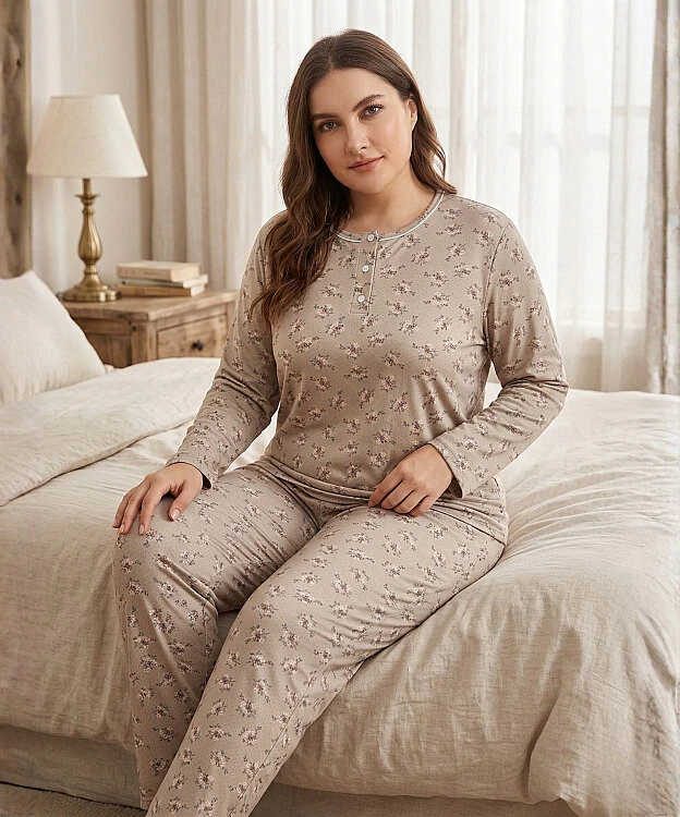 Büyük Beden Çiçek Desenli Kadın Pijama Takımı - BEJ - 1