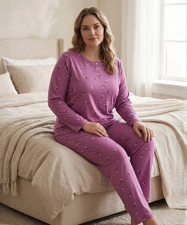Büyük Beden Çiçek Desenli Kadın Pijama Takımı - PEMBE - 1