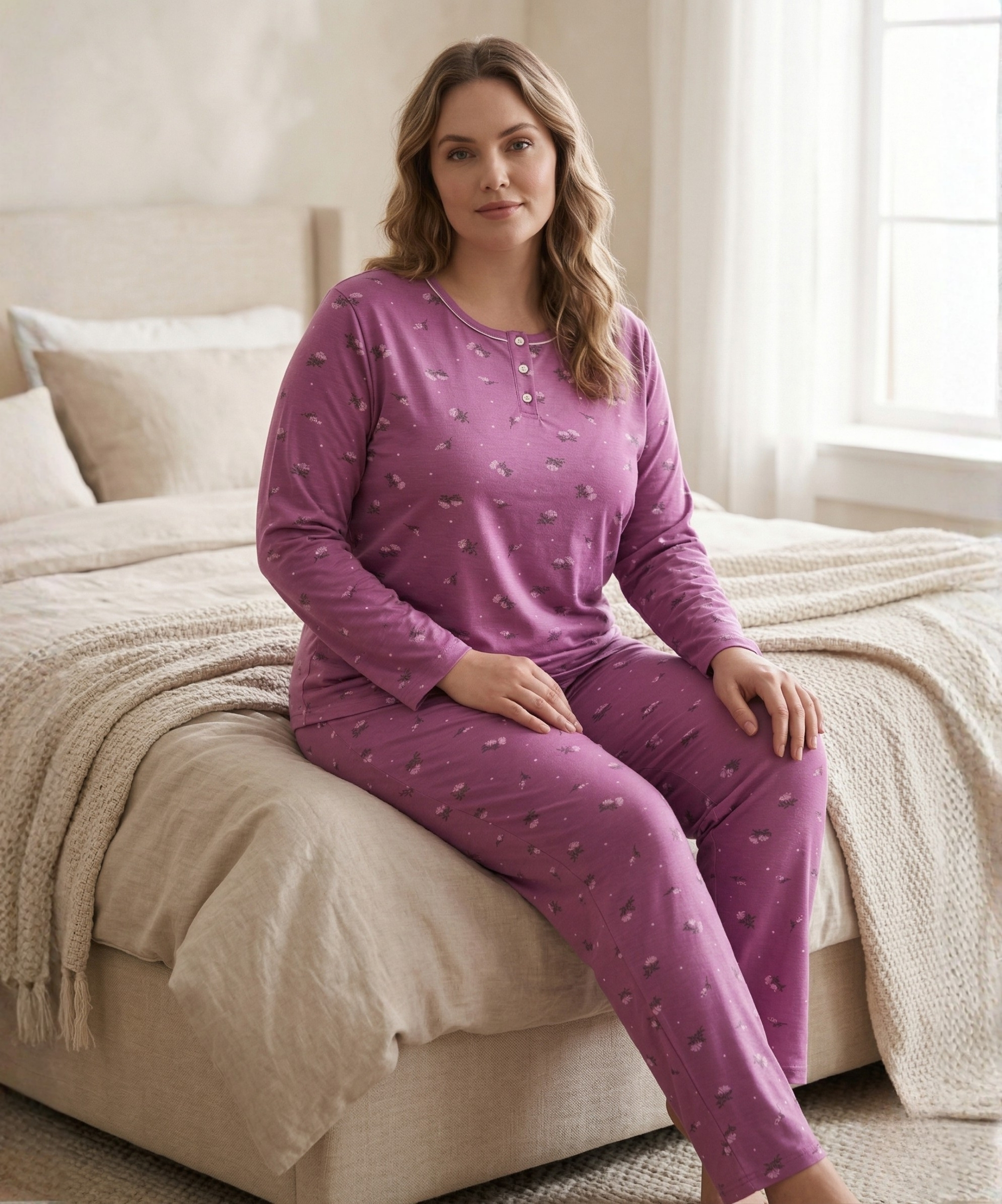 Büyük Beden Çiçek Desenli Kadın Pijama Takımı - PEMBE