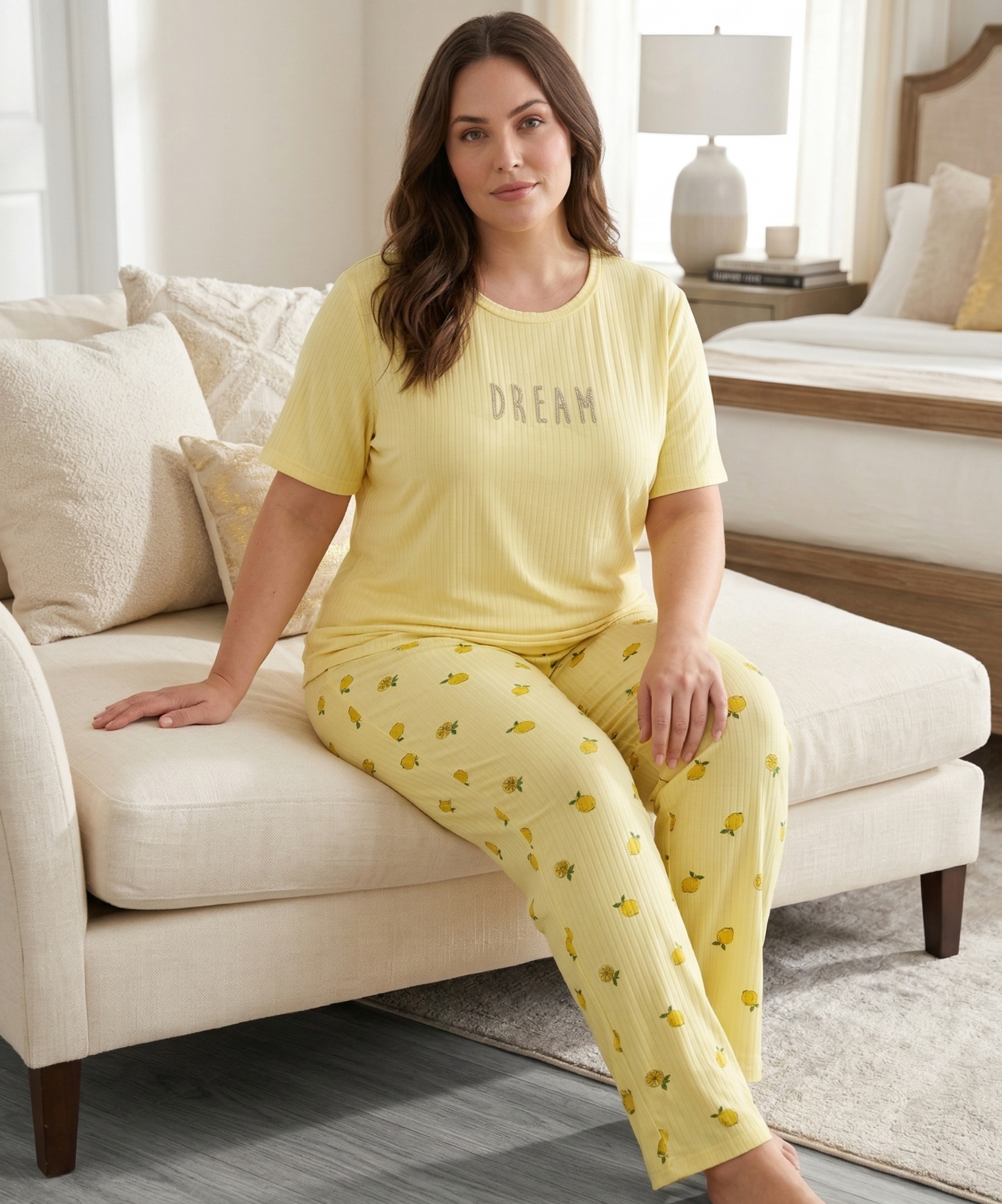 Büyük Beden Desenli Kadın Pijama Takımı - SARI 