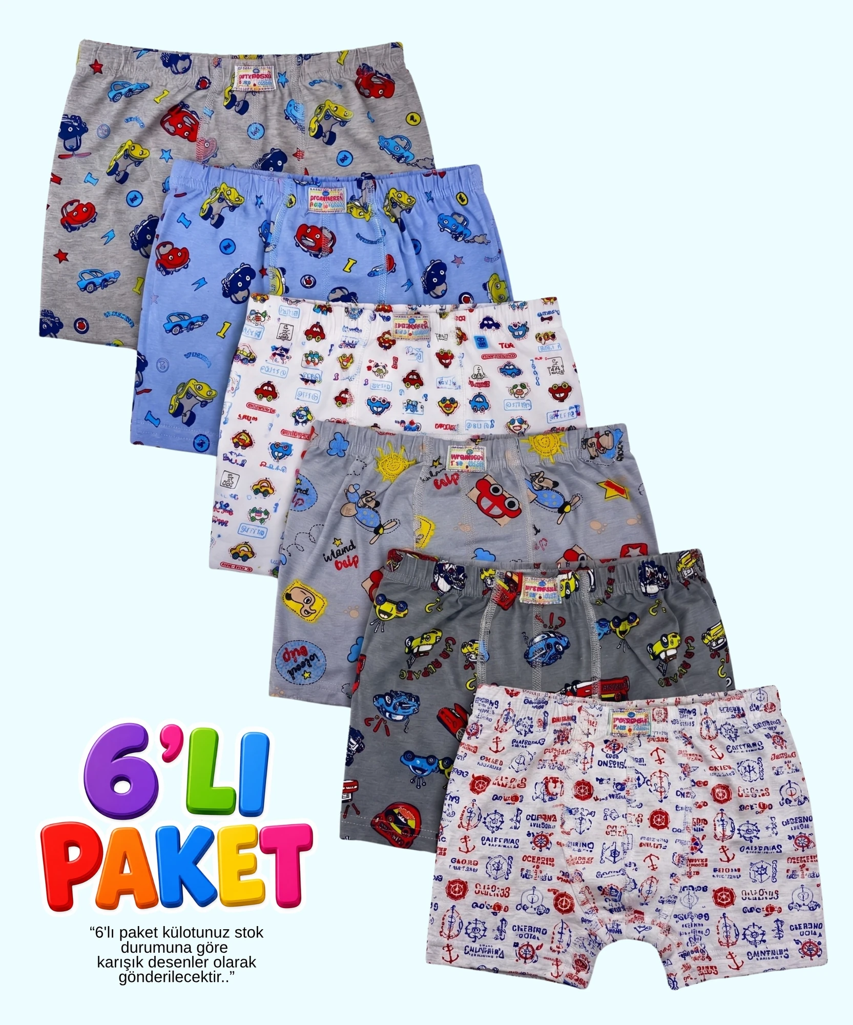 6'lı Paket Likralı Desenli Erkek Çocuk Boxer - ASORTİ