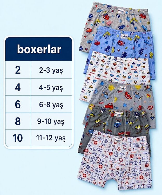 6'lı Paket Likralı Desenli Erkek Çocuk Boxer - ASORTİ - 2