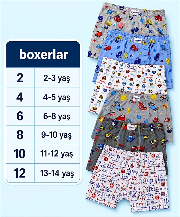 6'lı Paket Pamuklu Likralı Desenli Erkek Çocuk Boxer - ASORTİ - 2