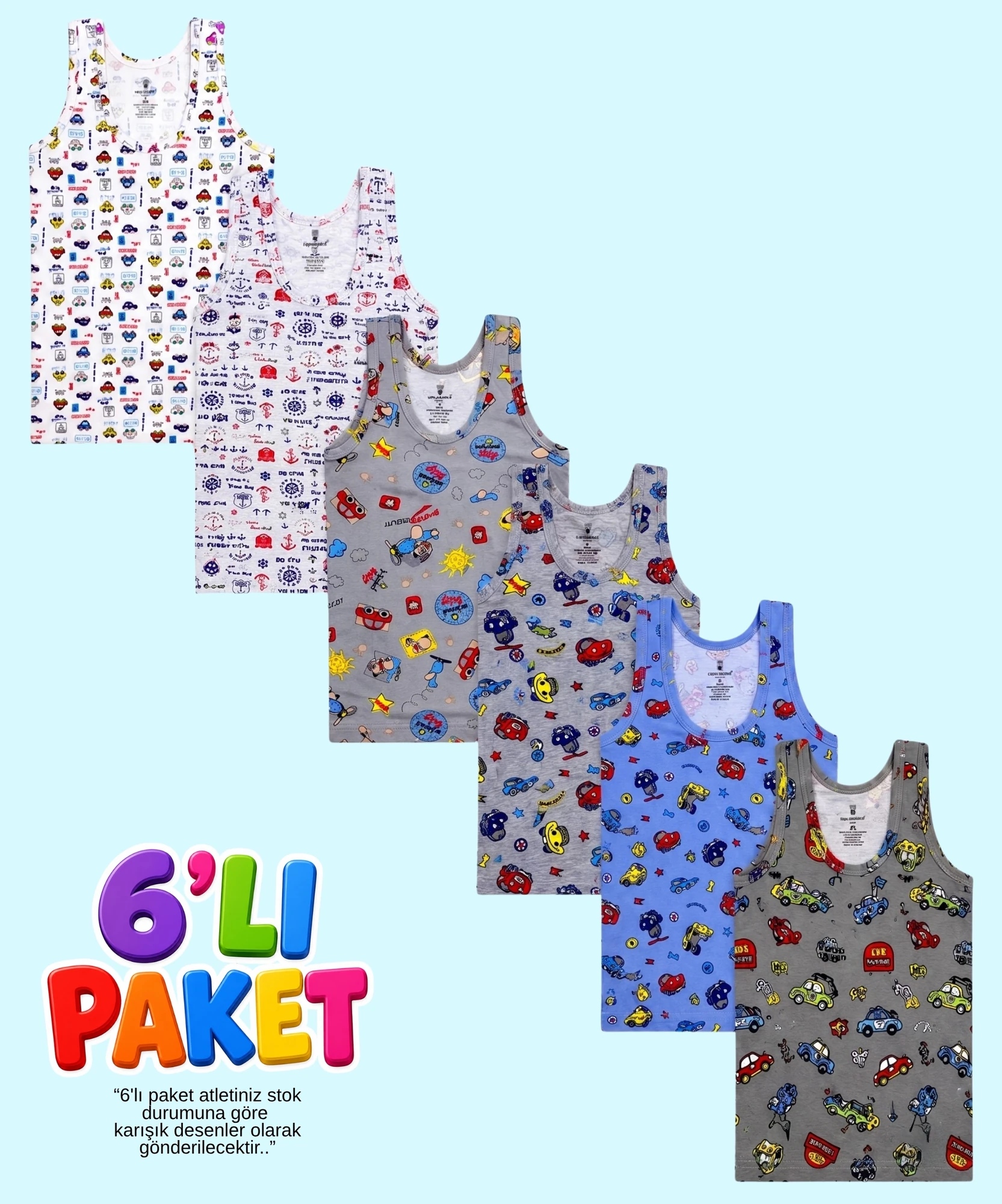 6'lı Paket Likralı Erkek Çocuk Atlet - ASORTİ - 1