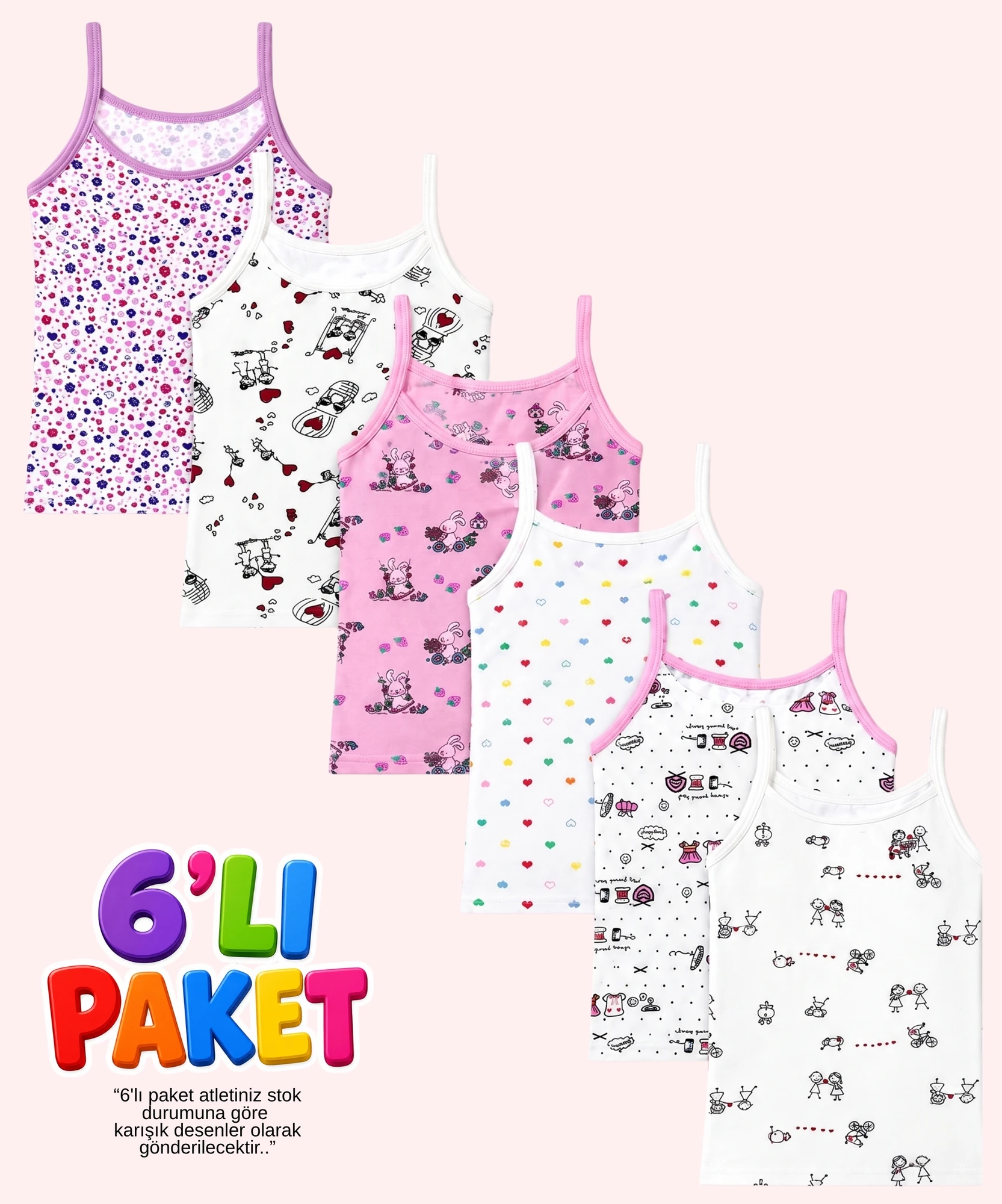 6'lı Paket Likralı Desenli Kız Çocuk İp Askılı Atlet - ASORTİ - 1