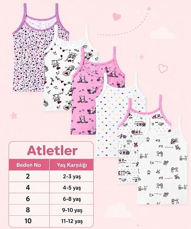 6'lı Paket Likralı Desenli Kız Çocuk İp Askılı Atlet - ASORTİ - 2