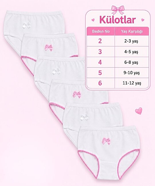 6'lı Paket Ribana Ponponlu Kız Çocuk Külot - BEYAZ (1)