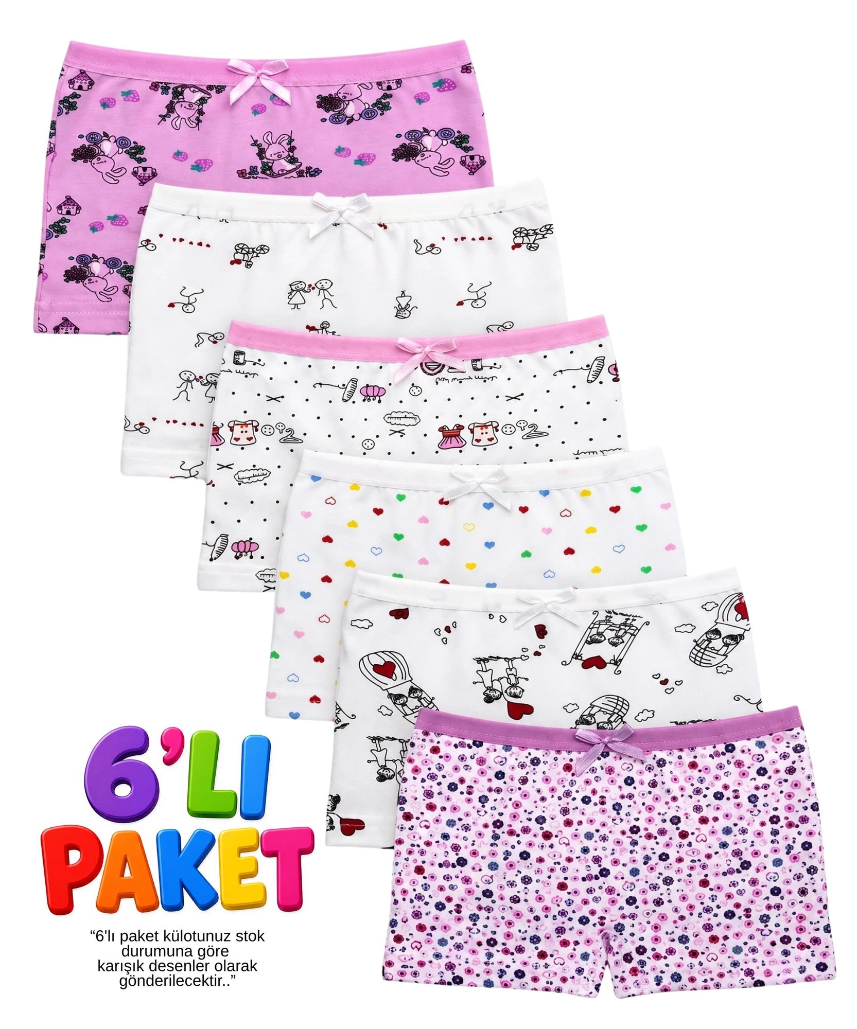 6'lı Paket Likralı Desenli Kız Çocuk Boxer - ASORTİ - 1
