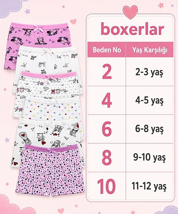 6'lı Paket Likralı Desenli Kız Çocuk Boxer - ASORTİ - 2