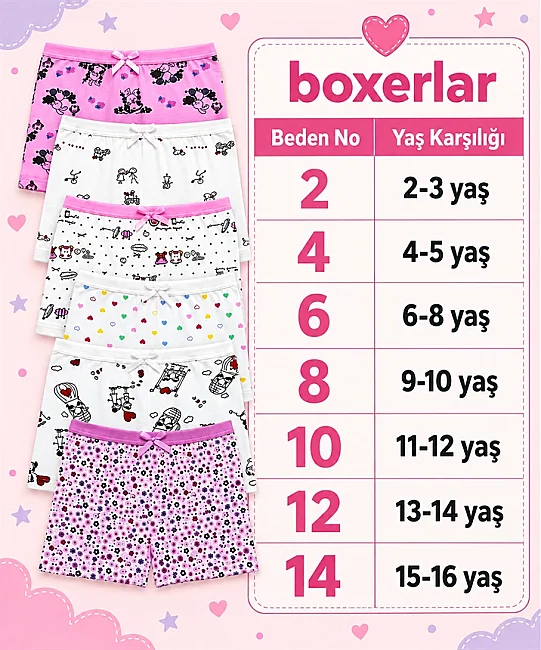 6'lı Paket Pamuklu Likralı Desenli Kız Çocuk Boxer - ASORTİ (1)