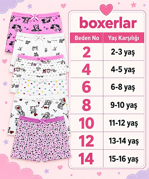 6'lı Paket Pamuklu Likralı Desenli Kız Çocuk Boxer - ASORTİ - 2