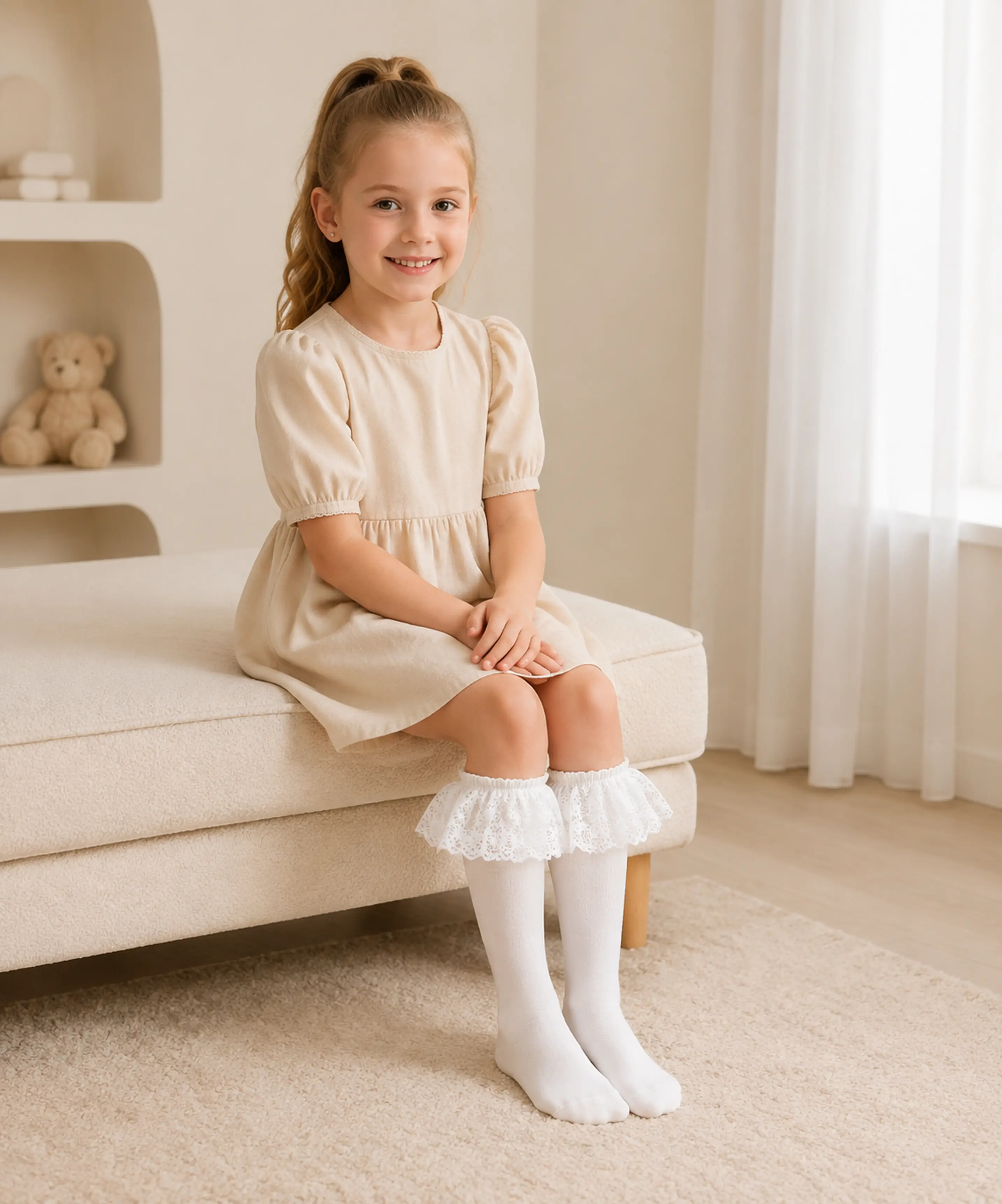 Dantelli Soft Çocuk Dizaltı Çorap - BEYAZ - 1