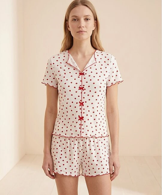 Desenli Şortlu Kadın Pijama Takımı - ÇİLEKLİ