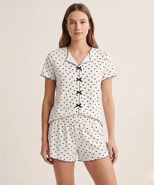 Desenli Şortlu Kadın Pijama Takımı - LACİVERT KALP