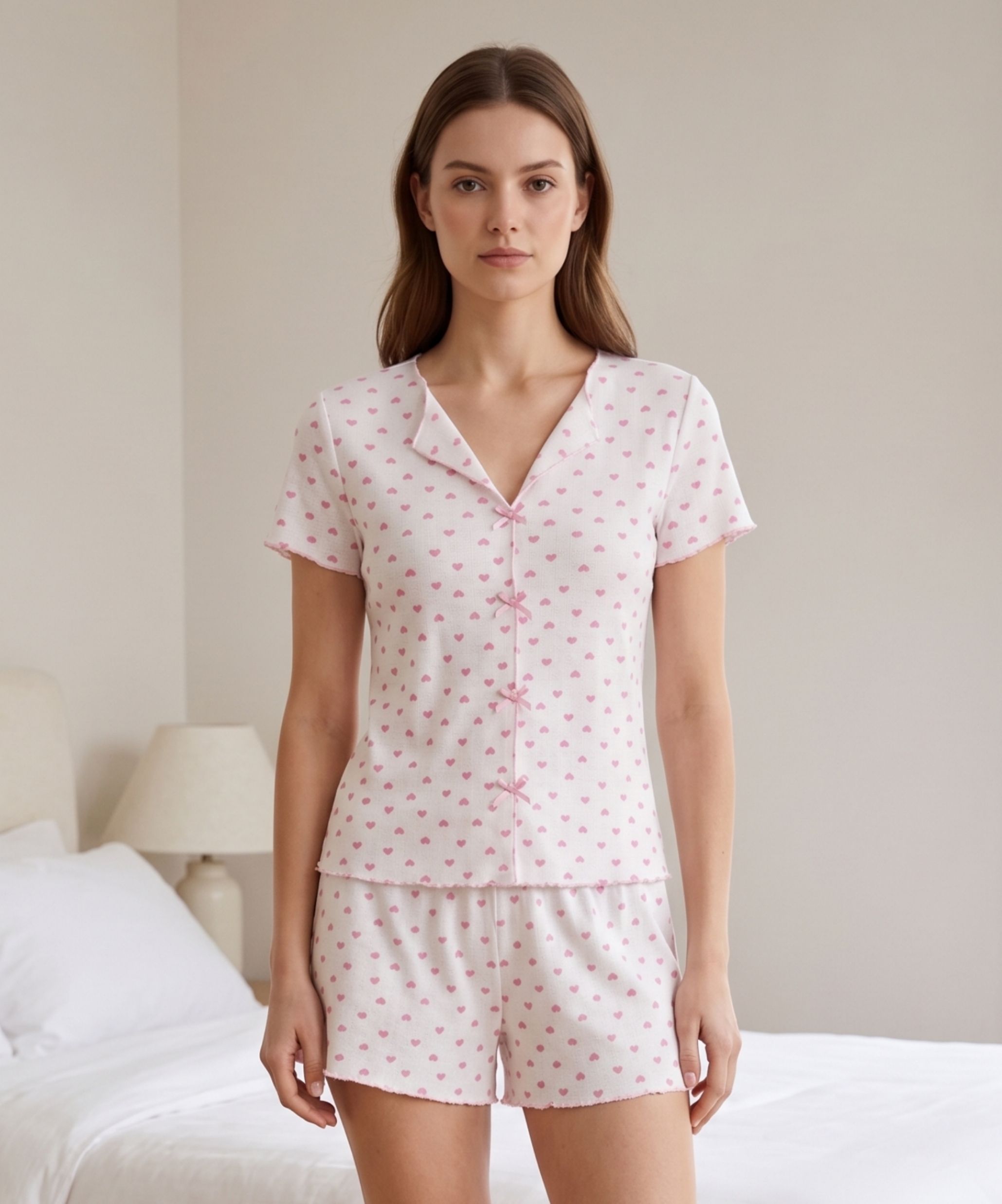 Desenli Şortlu Kadın Pijama Takımı - PEMBE KALPLİ