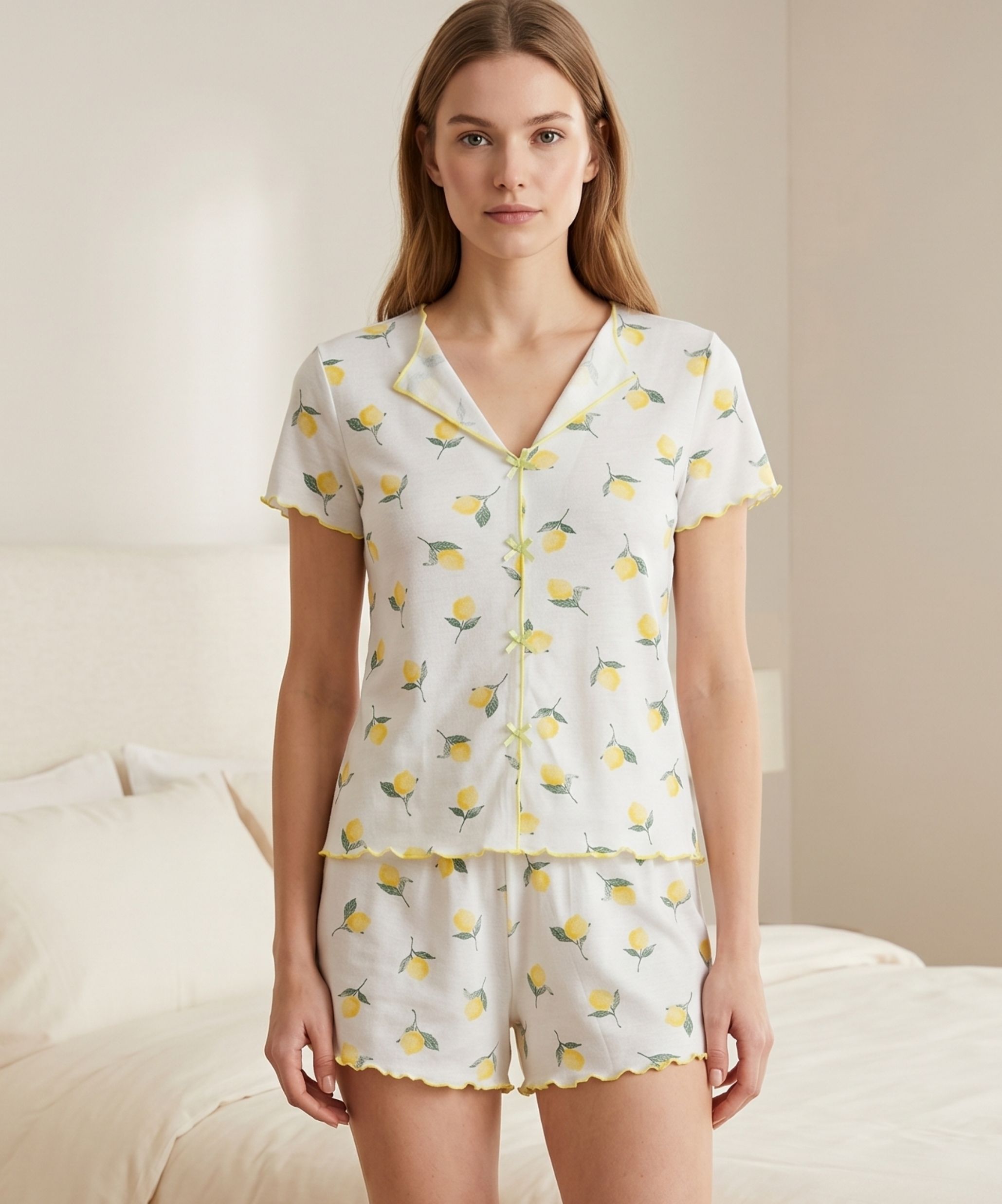 Desenli Şortlu Kadın Pijama Takımı - SARI LALE
