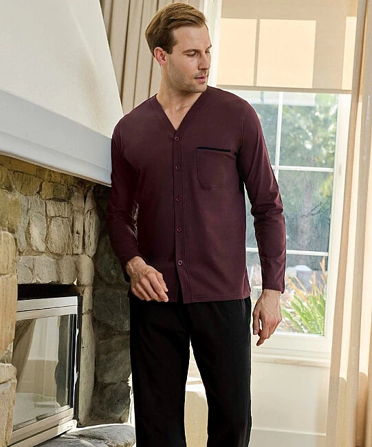 Erkek Önden Düğmeli Düz Pijama Takımı - BORDO