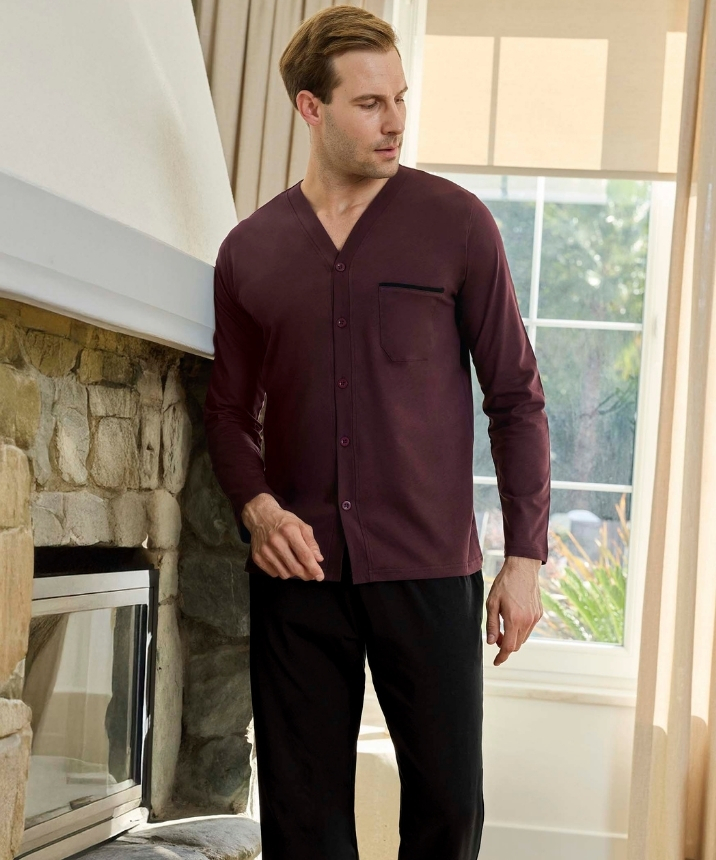 Erkek Önden Düğmeli Düz Pijama Takımı - BORDO - 1