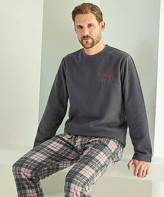 Erkek Polar Yuvarlak Yaka Pijama Takımı - FÜME