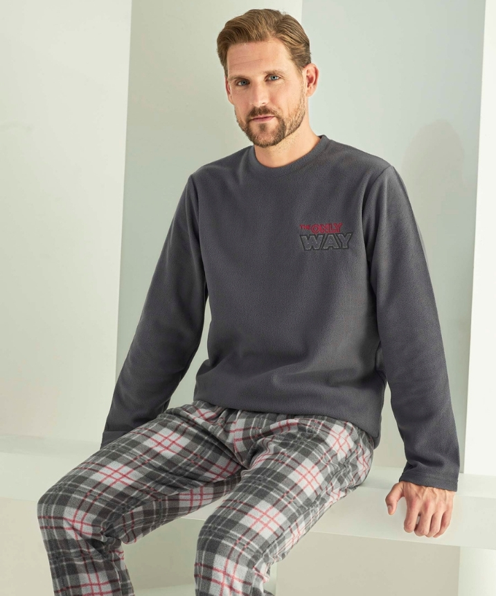 Erkek Polar Yuvarlak Yaka Pijama Takımı - FÜME - 1