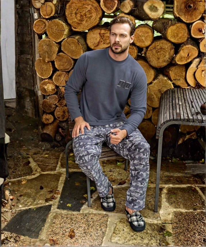 Erkek Polar Yuvarlak Yaka Pijama Takımı - GRİ