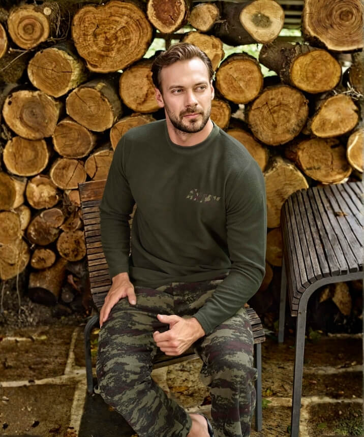 Erkek Polar Yuvarlak Yaka Pijama Takımı - HAKİ