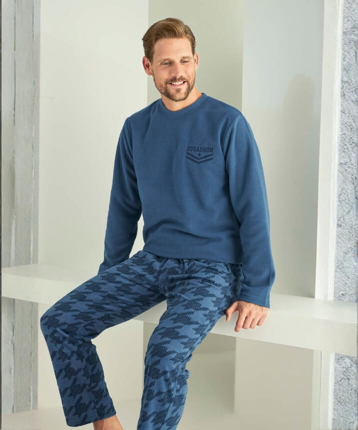 Erkek Polar Yuvarlak Yaka Pijama Takımı - İNDİGO